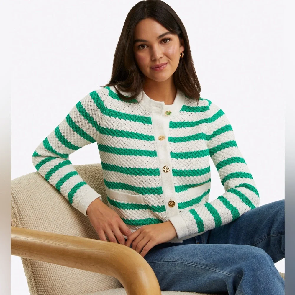 NWT Draper James Rita crewneck green & white striped cardigan size large - Picture 6 of 7